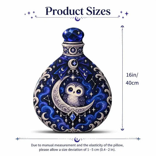 Size guide showing 16 inch / 40 cm: decorative plush pillow featuring owl and moon potion-bottle artwork