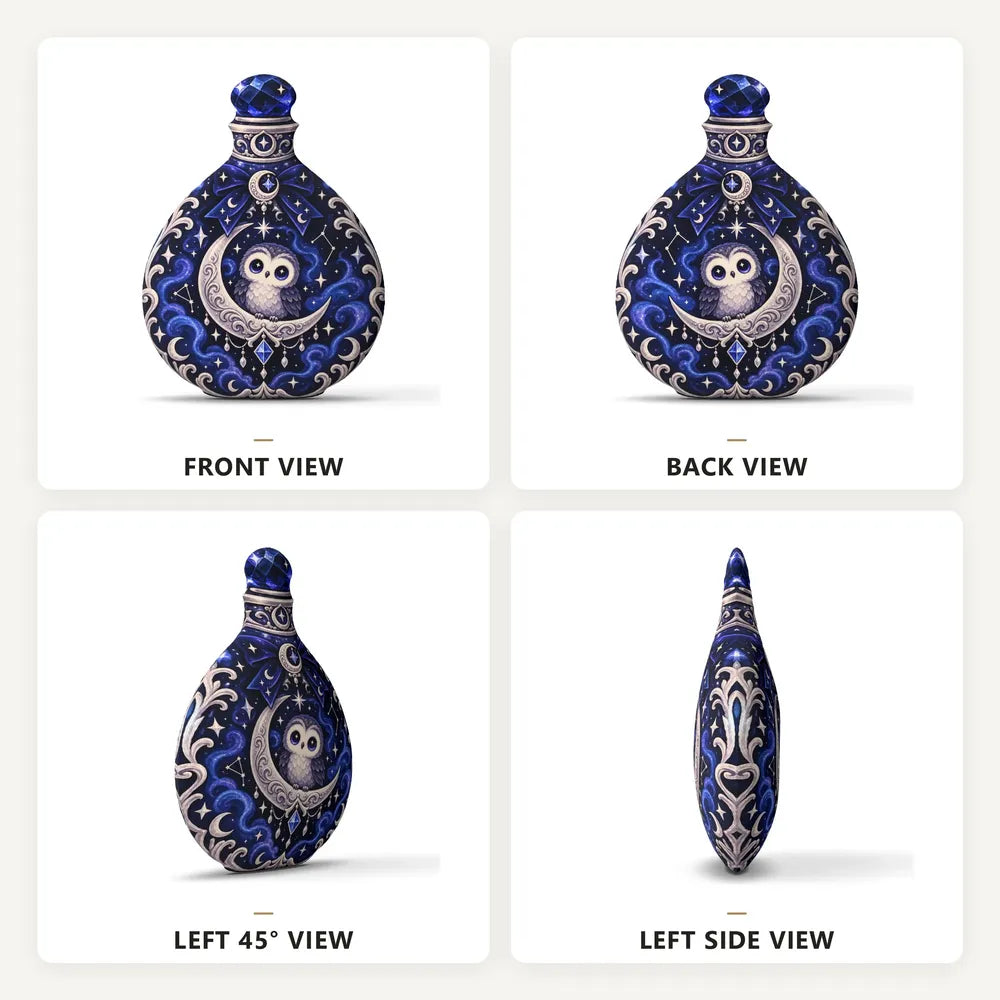 Front, back and side views: decorative plush pillow featuring owl and moon potion-bottle artwork