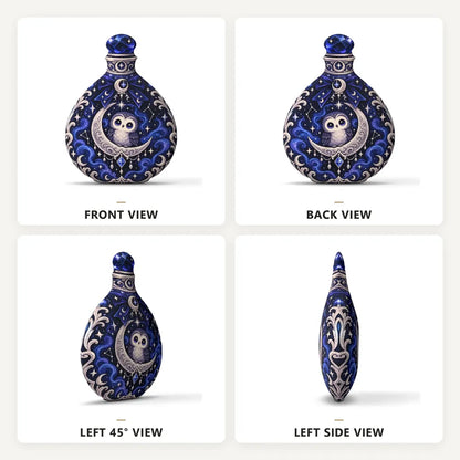 Front, back and side views: decorative plush pillow featuring owl and moon potion-bottle artwork