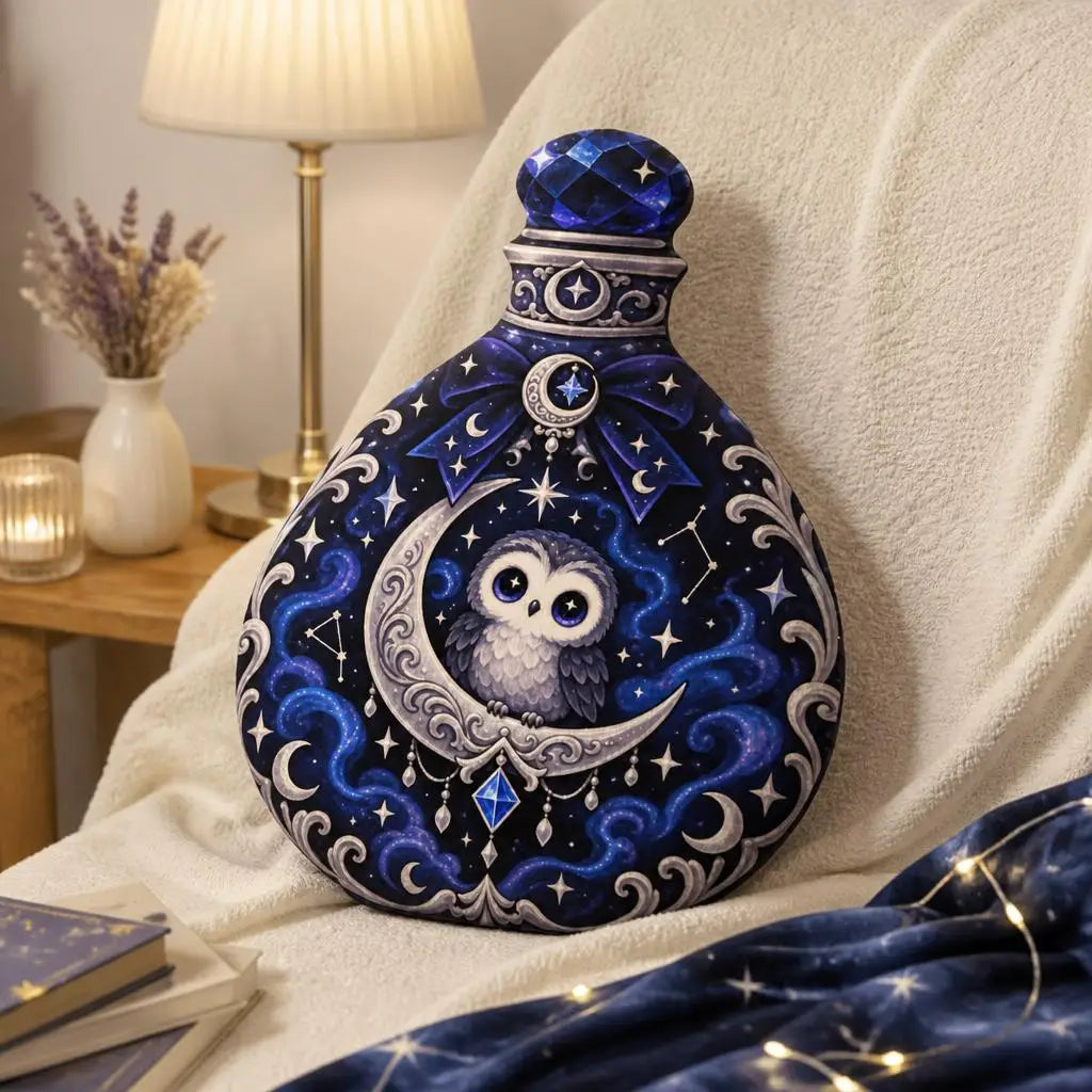 Styled room view: decorative plush pillow featuring owl and moon potion-bottle artwork