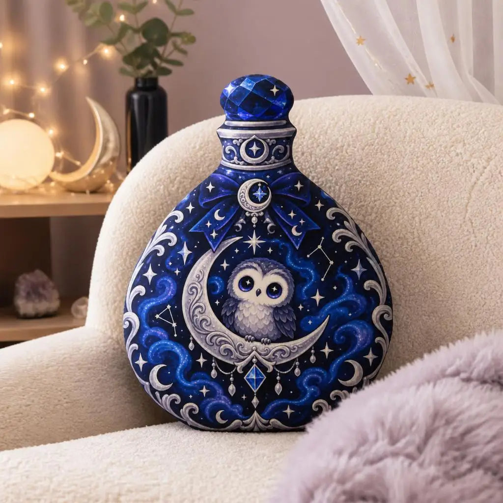 Alternate styled room view: decorative plush pillow featuring owl and moon potion-bottle artwork