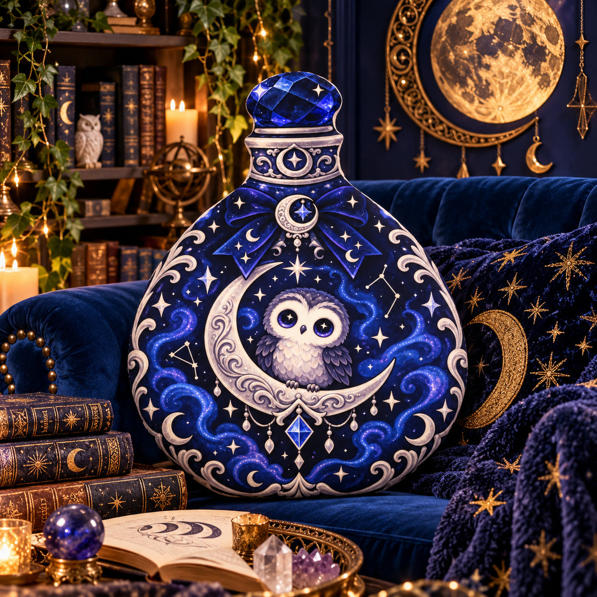 Celestial Owl Moon Potion Bottle Pillow in a witchy reading room