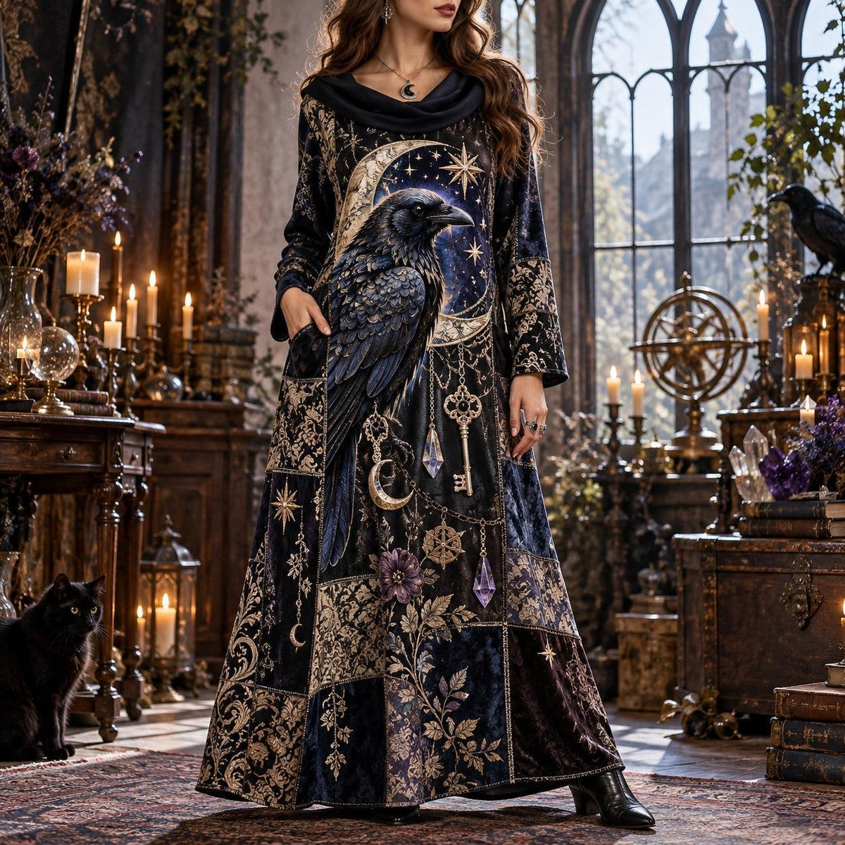 Celestial Raven Reliquary Gothic Cowl Neck Dress – Witchy Patchwork Maxi – worn, front view