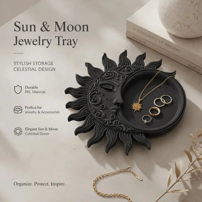Tray styling and feature graphic: Celestial Sun Moon Jewelry Tray, featuring a recessed round dish surrounded by sculpted sun rays and a crescent profile.