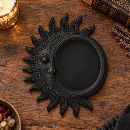 Celestial Sun Moon Jewelry Tray in a realistic witchy gothic setting, detailed product view with natural shine and contact shadows.