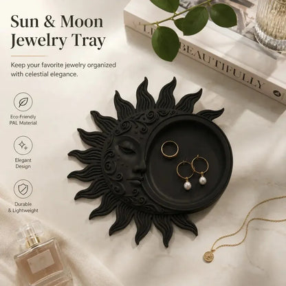 Styled jewelry display: Celestial Sun Moon Jewelry Tray, featuring a recessed round dish surrounded by sculpted sun rays and a crescent profile.