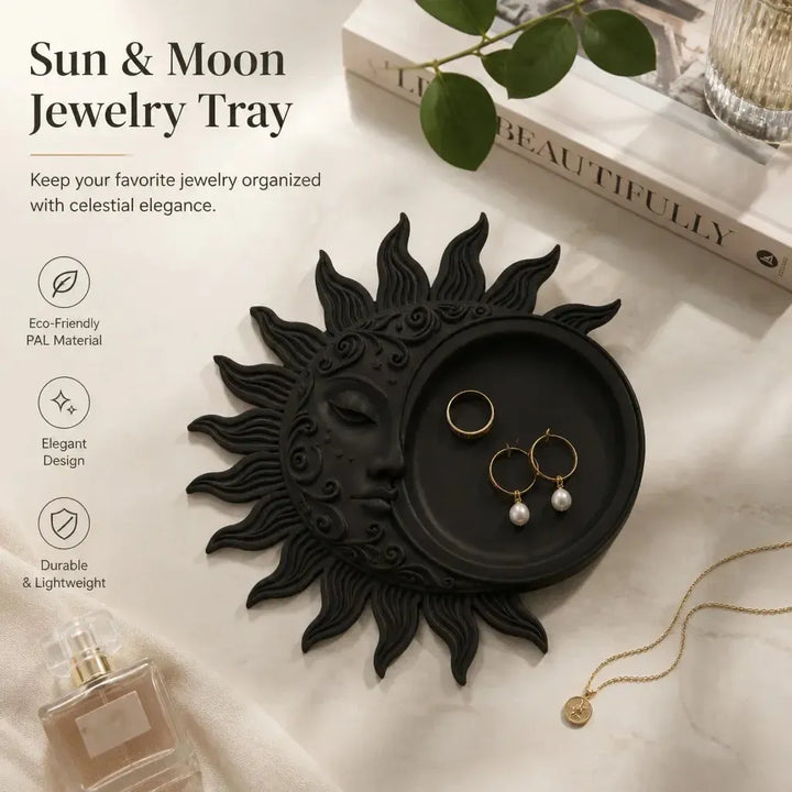 Styled jewelry display: Celestial Sun Moon Jewelry Tray, featuring a recessed round dish surrounded by sculpted sun rays and a crescent profile.