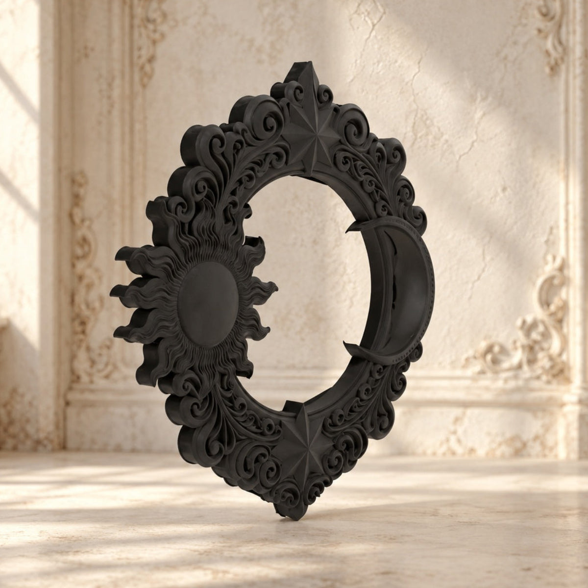 Celestial Sun & Moon Ornate Wall Decor for Witchy Bedrooms on a bright vintage gothic wall, angled detail view.