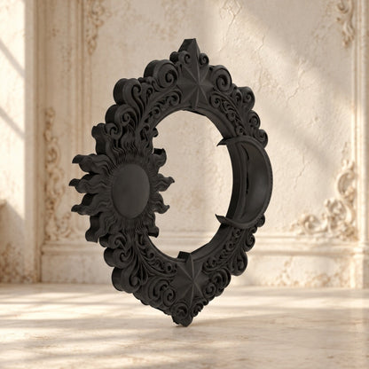 Celestial Sun & Moon Ornate Wall Decor for Witchy Bedrooms on a bright vintage gothic wall, angled detail view.