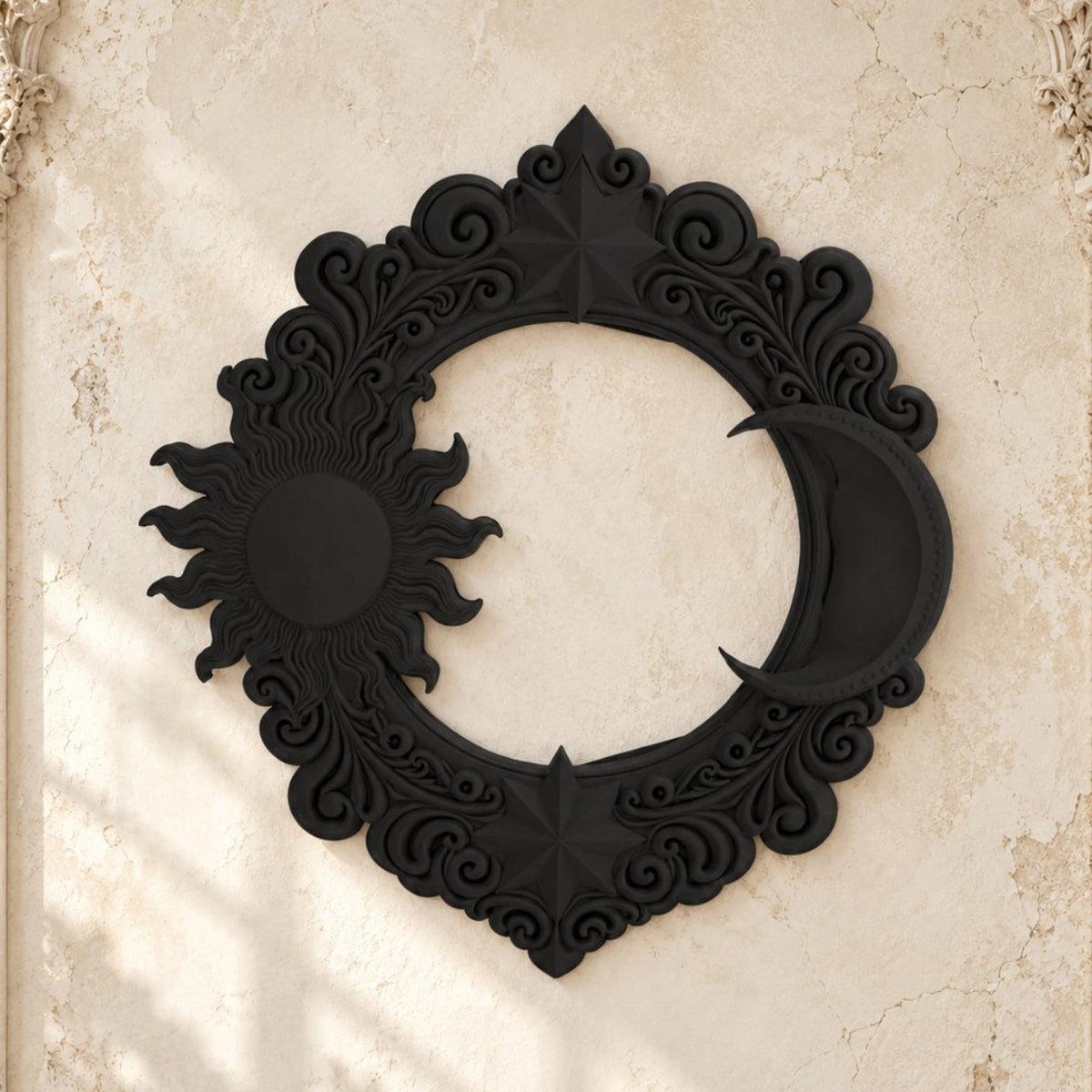 Black celestial sun and moon ornate wall decor on a bright vintage gothic wall, front view.