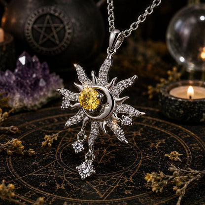 Celestial Sun Moon Pendant Necklace Yellow Crystal Spiritual Jewelry-MoonChildWorld