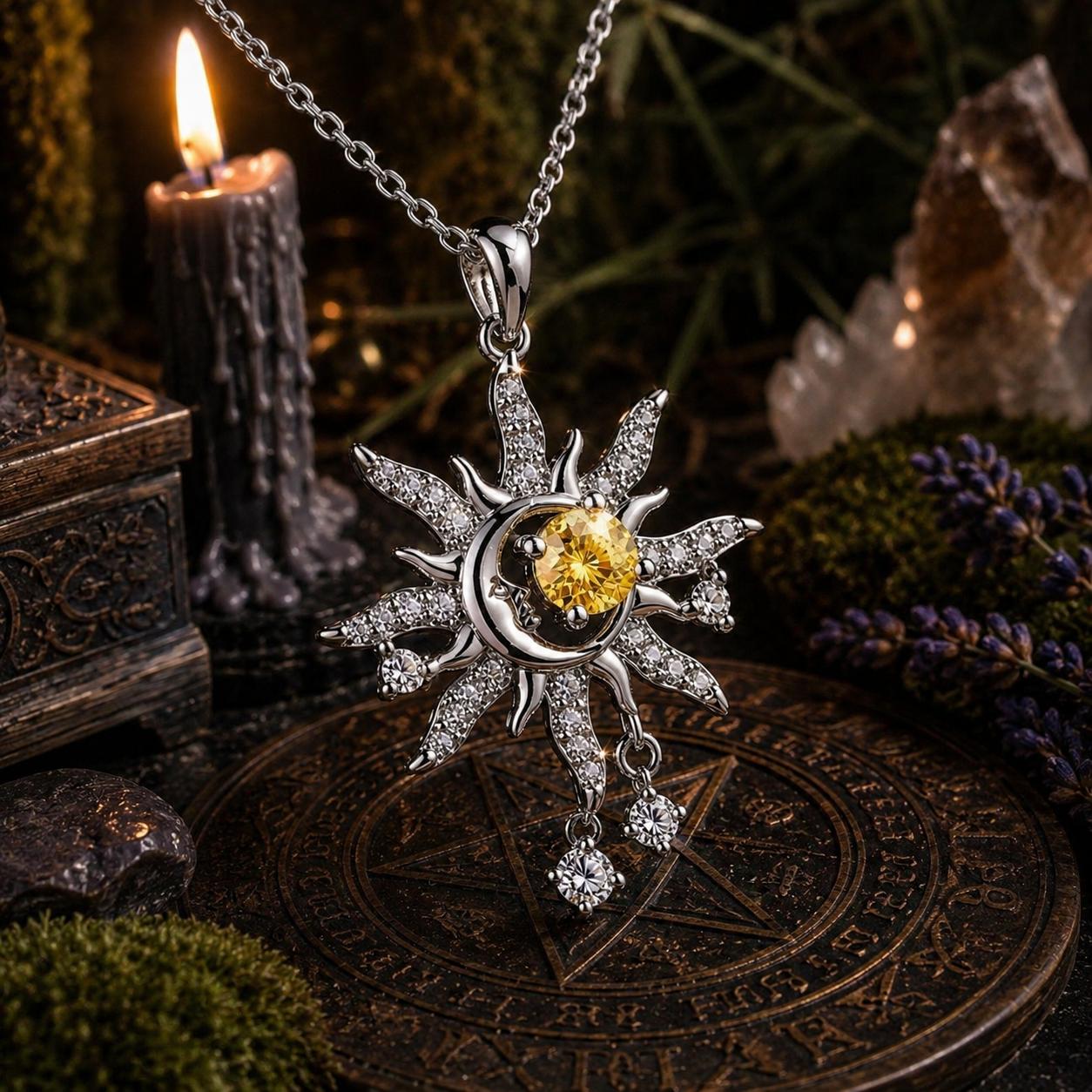 Celestial Sun Moon Pendant Necklace Yellow Crystal Spiritual Jewelry-MoonChildWorld