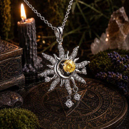 Celestial Sun Moon Pendant Necklace Yellow Crystal Spiritual Jewelry-MoonChildWorld