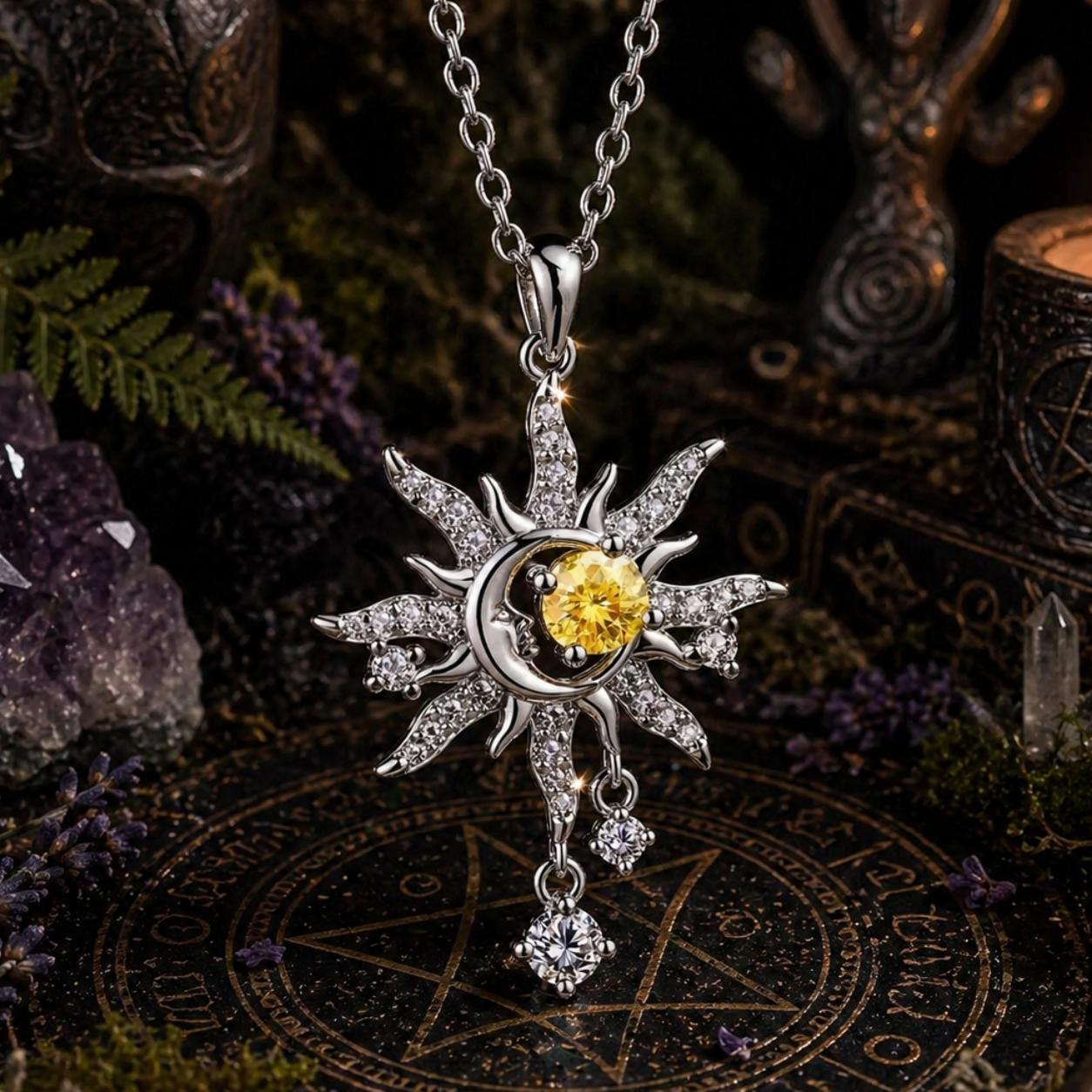 Celestial Sun Moon Pendant Necklace Yellow Crystal Spiritual Jewelry-MoonChildWorld