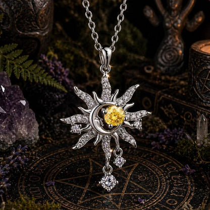 Celestial Sun Moon Pendant Necklace Yellow Crystal Spiritual Jewelry-MoonChildWorld