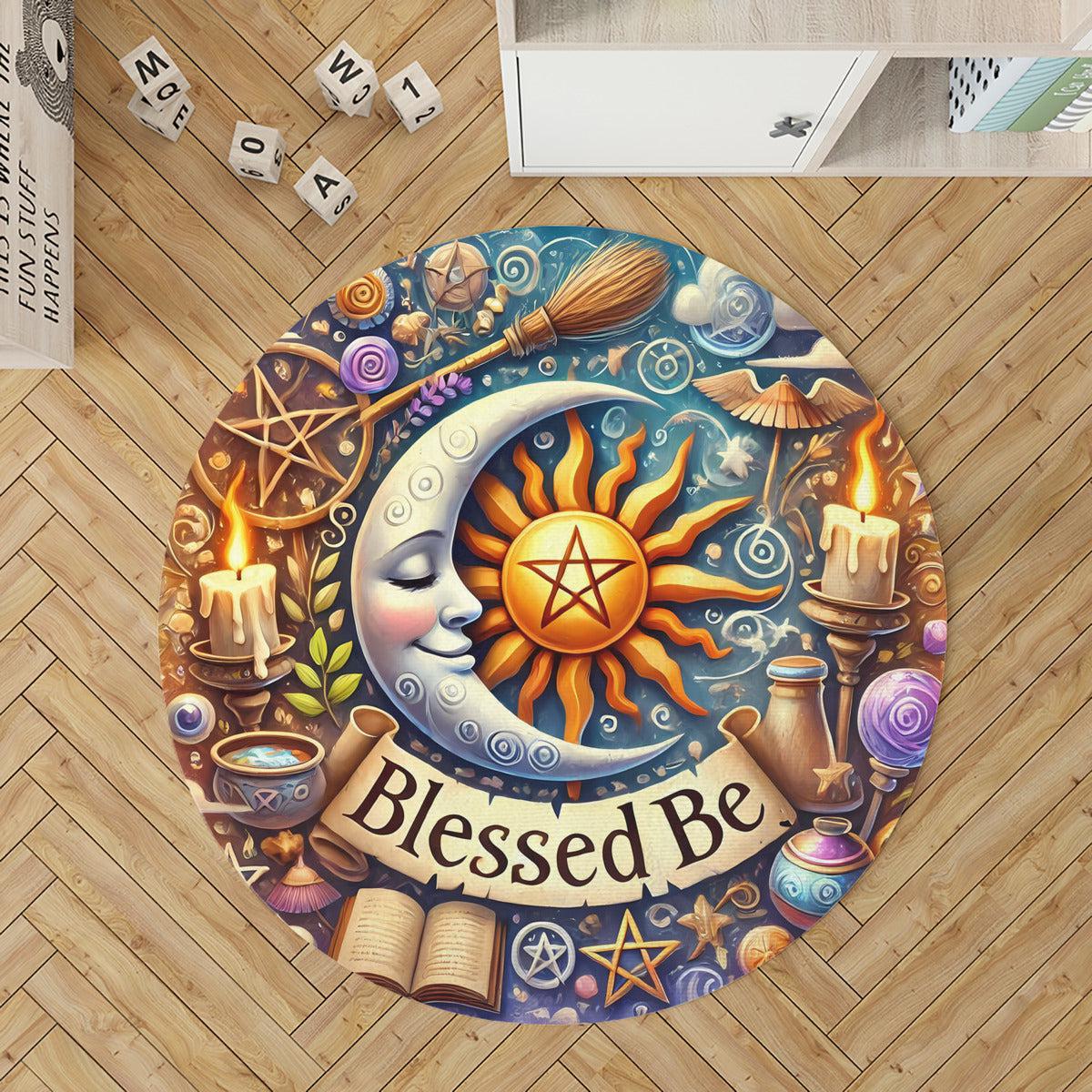 Celestial Sun Moon Round Rug Cosmic Sun Moon Wicca Carpet for Pagan Decor-MoonChildWorld