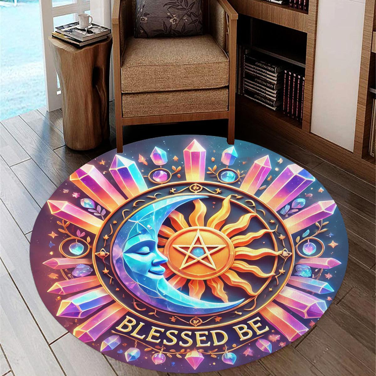 Celestial Sun Moon Round Rug Cosmic Sun Moon Wicca Carpet for Pagan Decor-MoonChildWorld
