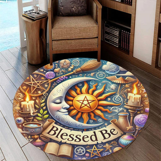 Celestial Sun Moon Round Rug Cosmic Sun Moon Wicca Carpet for Pagan Decor-MoonChildWorld