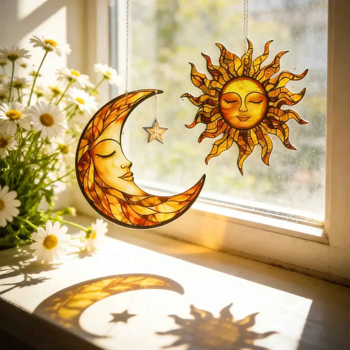 Boho Sun Moon Suncatcher acrylic window ornament casting rainbow prisms – celestial witchy home decor