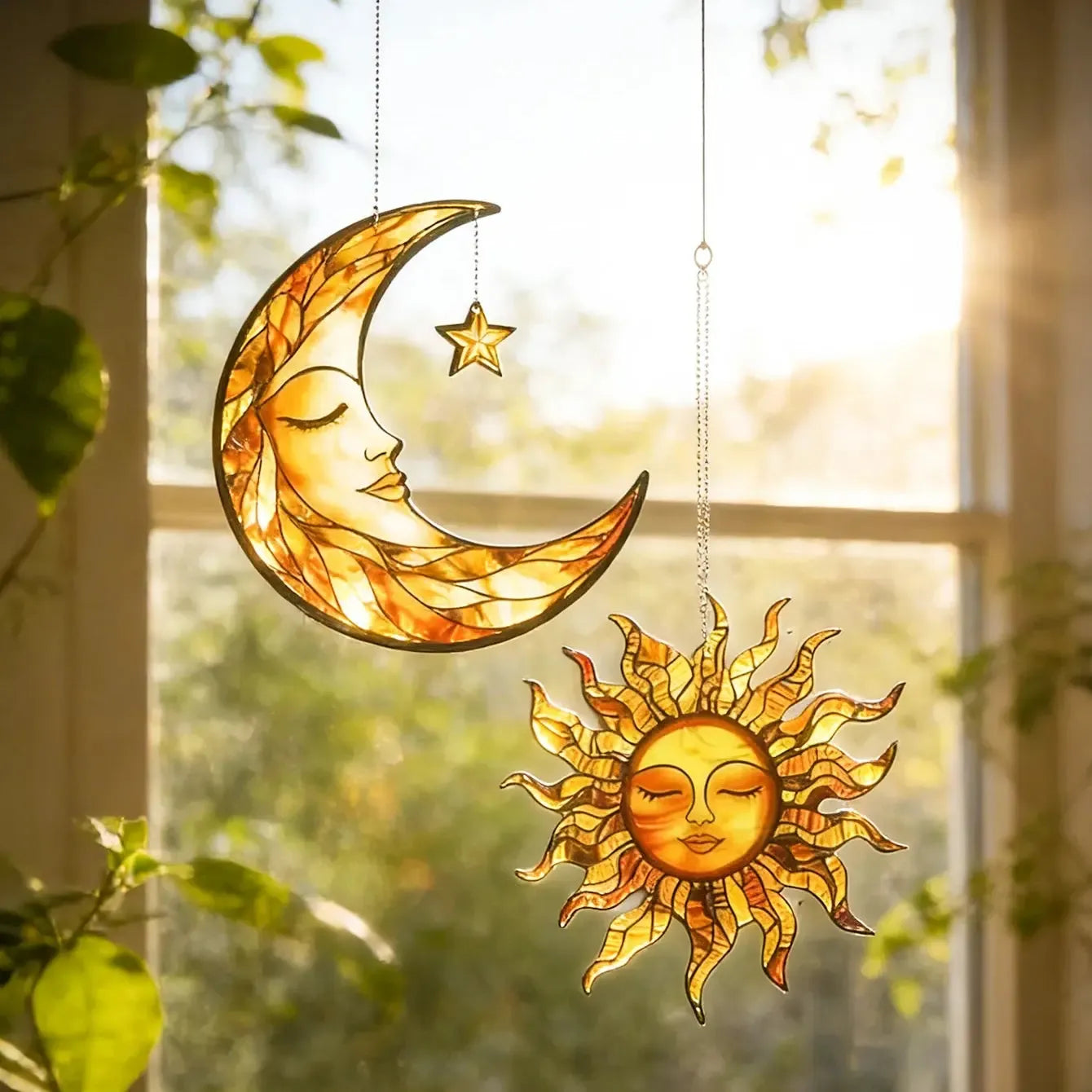 Celestial Star pendant suncatcher Moon face design – Pagan altar window decoration