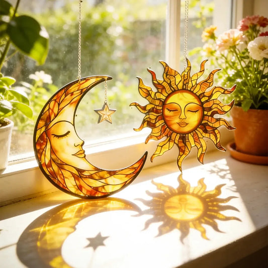 Celestial Sun Moon Face Boho Acrylic Suncatcher – stained glass style window hanging ornament for Wiccan Pagan home decor