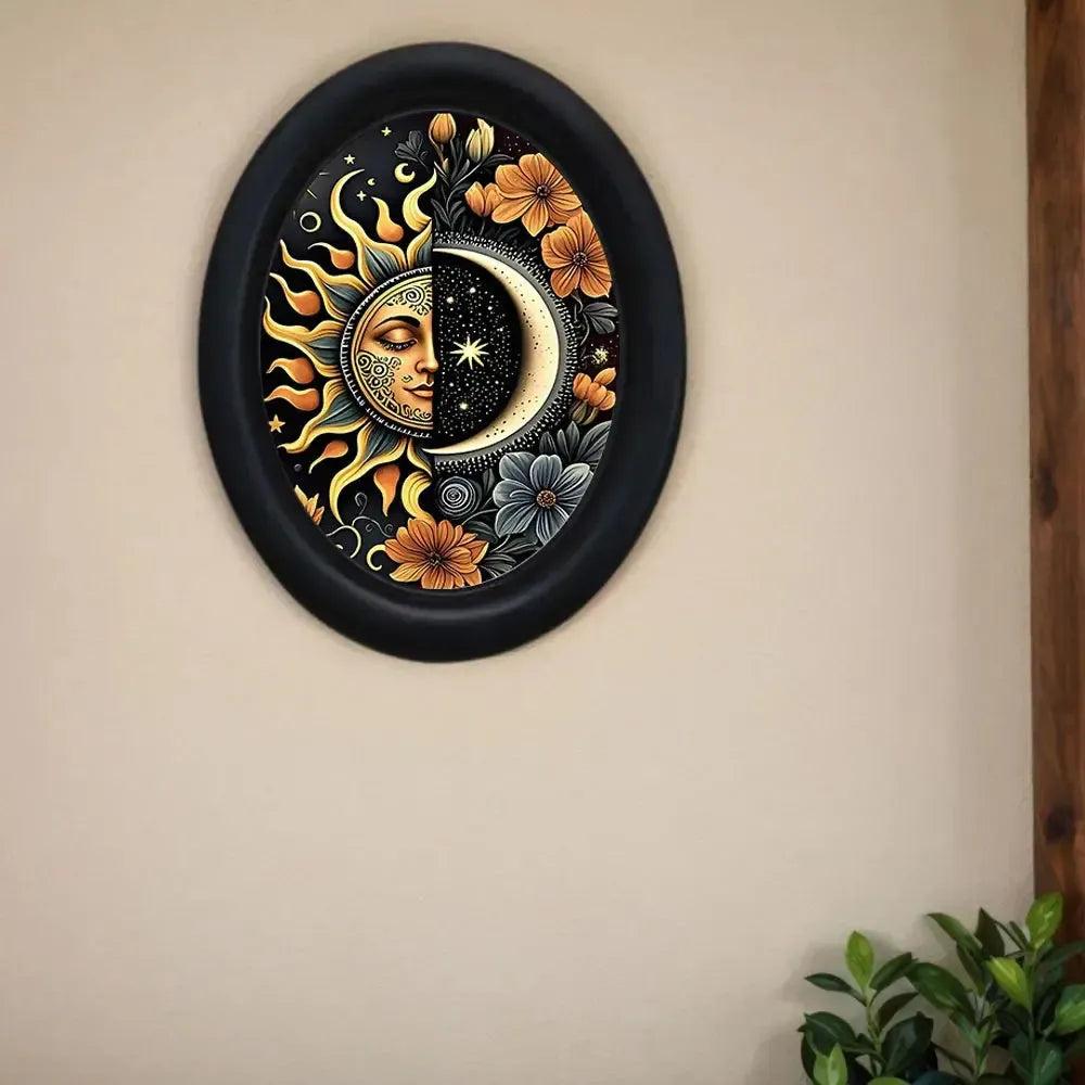 Celestial Sun Moon Wall Decoration Boho Style Black Oval Frame Bohemian Home Decor-MoonChildWorld