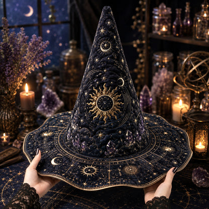 Celestial Sun Witch Hat – Astrolabe Star Chart Moon Phase Hat – on an altar table