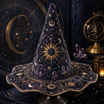 Celestial Sun Witch Hat – Astrolabe Star Chart Moon Phase Hat – styled with candles and crystals