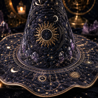 Celestial Sun Witch Hat – Astrolabe Star Chart Moon Phase Hat – worn, front view