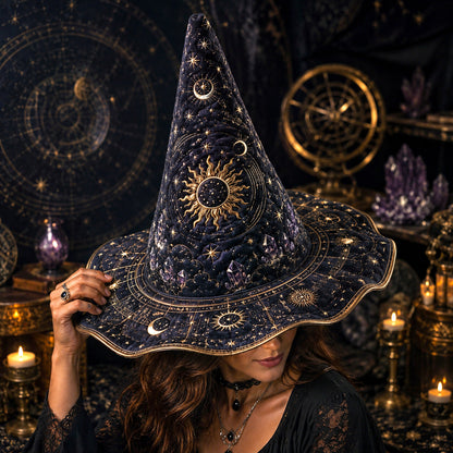 Celestial Sun Witch Hat – Astrolabe Star Chart Moon Phase Hat – quilting and print detail