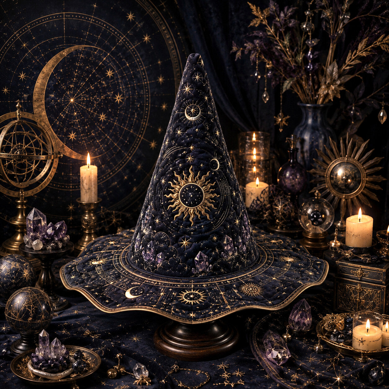 Celestial Sun Witch Hat – Astrolabe Star Chart Moon Phase Hat – held in both hands