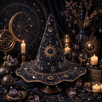 Celestial Sun Witch Hat – Astrolabe Star Chart Moon Phase Hat – held in both hands