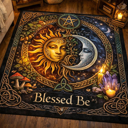 Black Celestial Sun and Moon Area Rug with "Blessed Be" text, pentagram, and Celtic knot border.