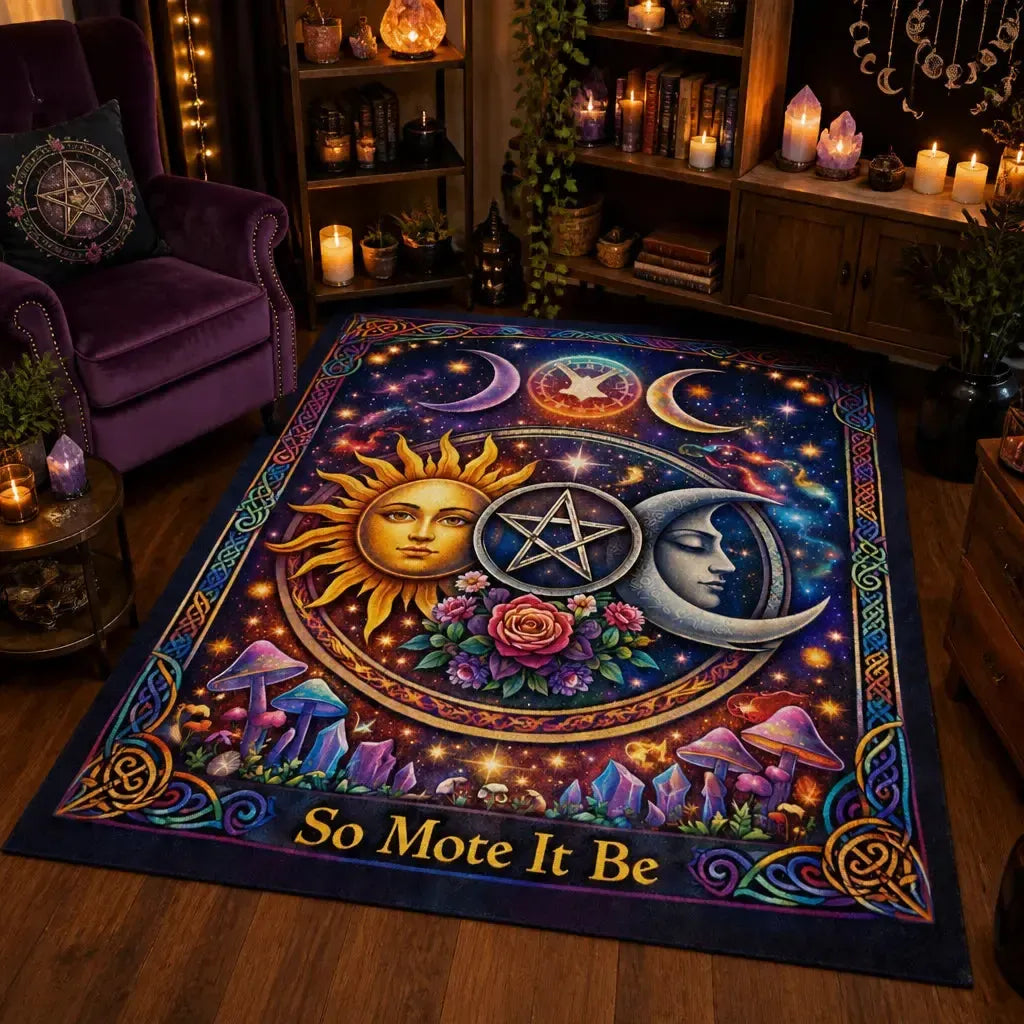 Celestial Sun and Moon Area Rug – Wicca Pentacle & Triple Moon Carpet for Pagan Decor_mockup_1.webp