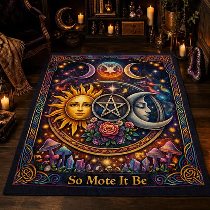 Celestial Sun and Moon Area Rug – Wicca Pentacle & Triple Moon Carpet for Pagan Decor_mockup_2.webp