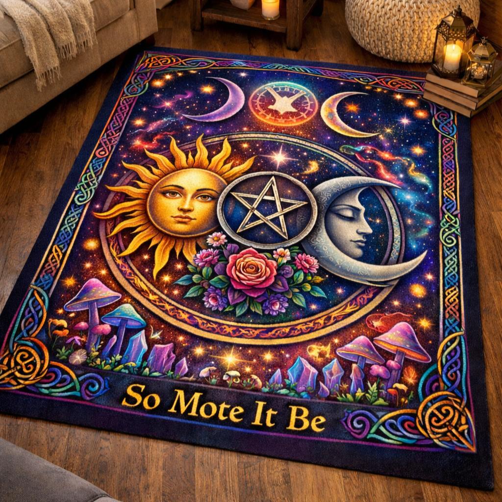 Celestial Sun and Moon Area Rug – Wicca Pentacle & Triple Moon Carpet for Pagan Decor-MoonChildWorld
