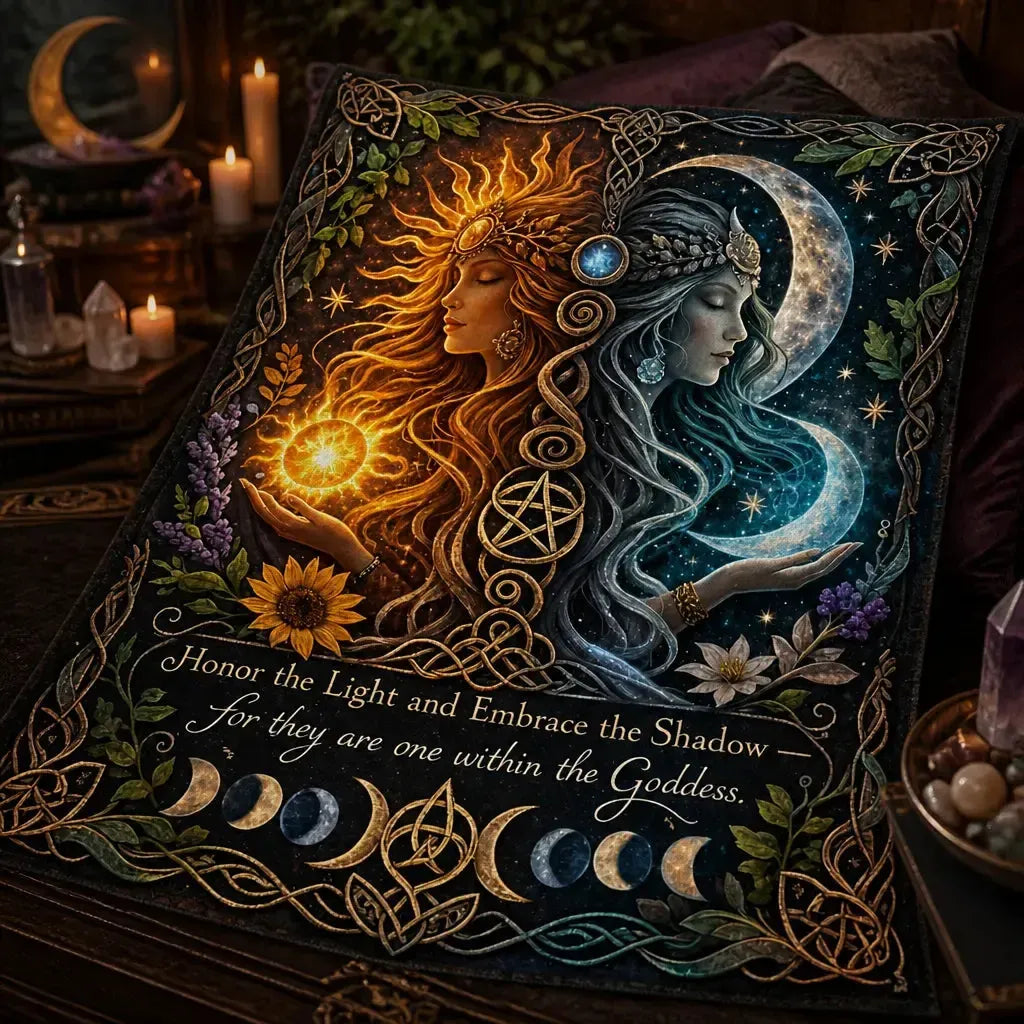 Celestial Sun and Moon Goddess Blanket - Celtic Knot Moon Phase Wiccan and Pagan Home Decor_mockup_3.webp