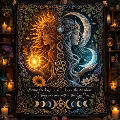 Celestial Sun and Moon Goddess blanket with Celtic knot border, moon phases, and "Honor the Light and Embrace the Shadow" text.
