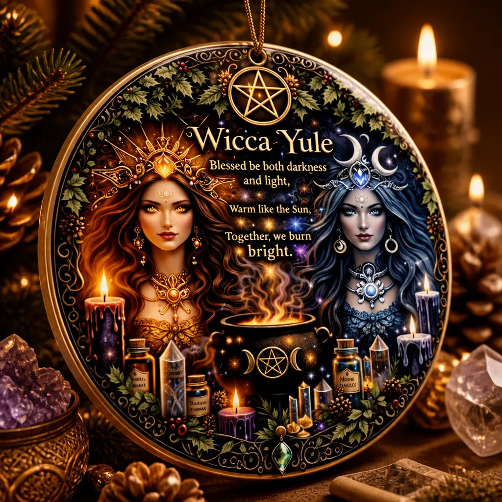 Celestial Sun and Moon Goddess Christmas Ceramic Ornament – Wicca Pagan Yule Ornament_mockup_2.webp