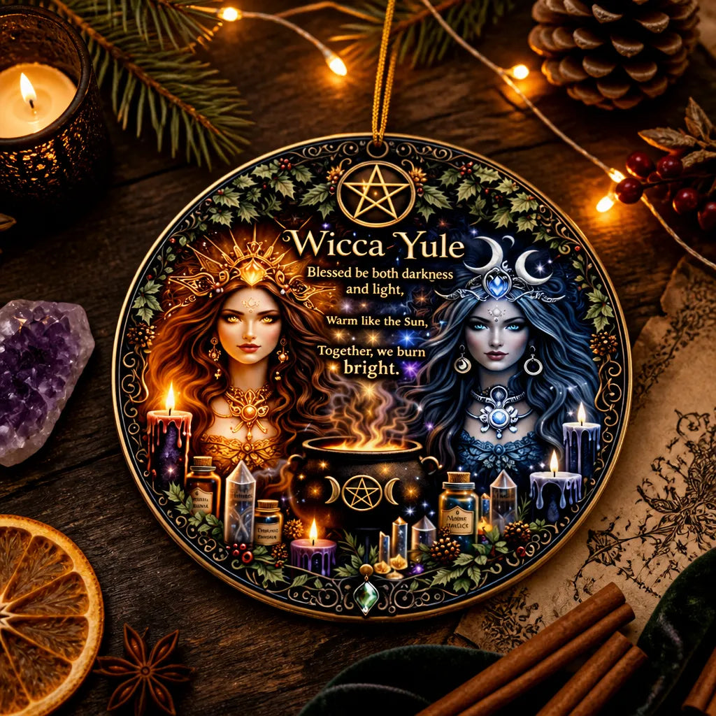 Celestial Sun and Moon Goddess Christmas Ceramic Ornament – Wicca Pagan Yule Ornament_mockup_3.webp