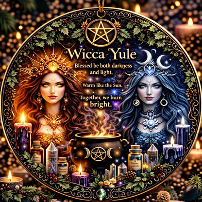 Wicca Yule ceramic ornament with Sun Goddess, Moon Goddess, pentacle, cauldron, and candles.