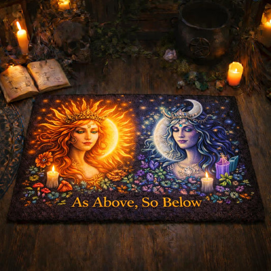 Wicca Pagan doormat with Sun Goddess and Moon Goddess, "As Above, So Below" text, surrounded by candles.