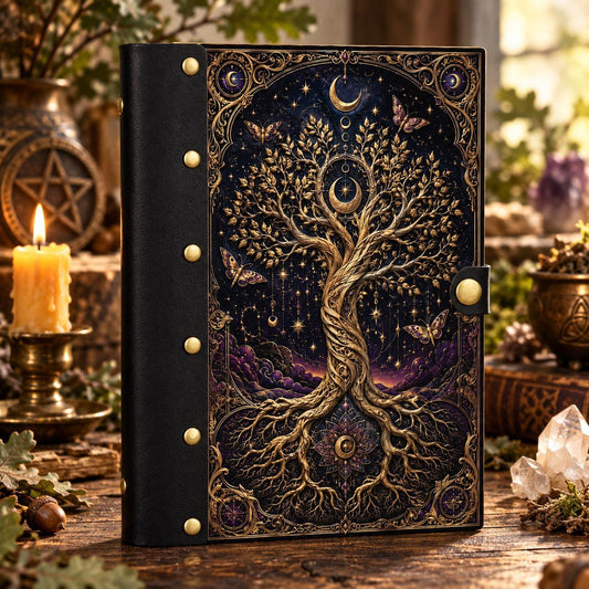 Celestial Tree of Life Moon Star Journal - Pagan Book of Shadows on a candlelit pagan ritual altar