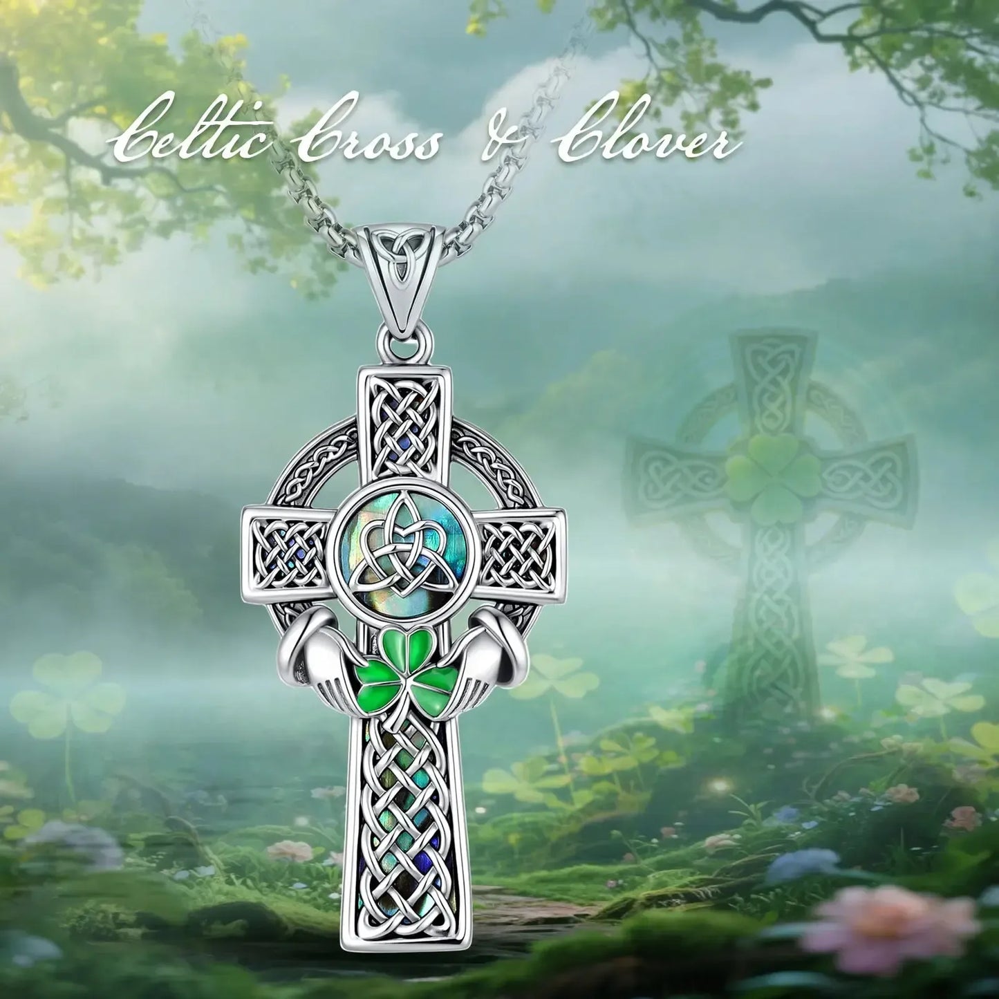 Celtic Cross Abalone Shell Necklace Triquetra Claddagh Pendant-MoonChildWorld