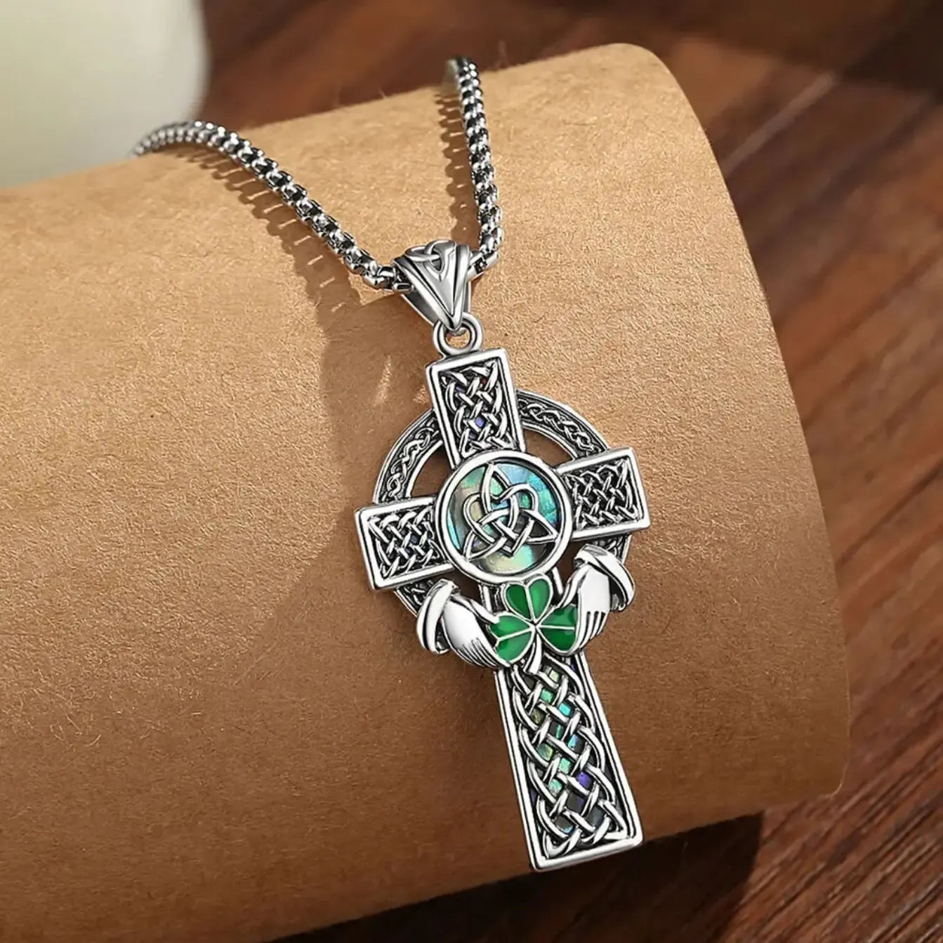 Celtic Cross Abalone Shell Necklace Triquetra Claddagh Pendant-MoonChildWorld