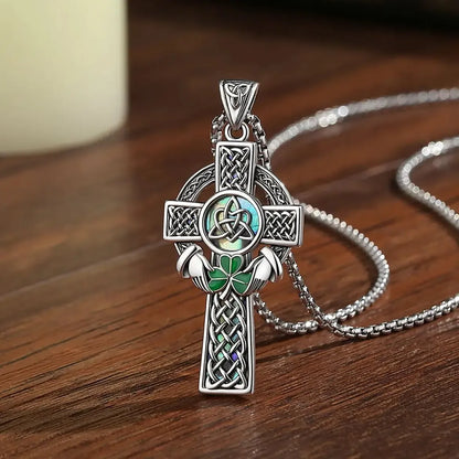Celtic Cross Abalone Shell Necklace Triquetra Claddagh Pendant-MoonChildWorld