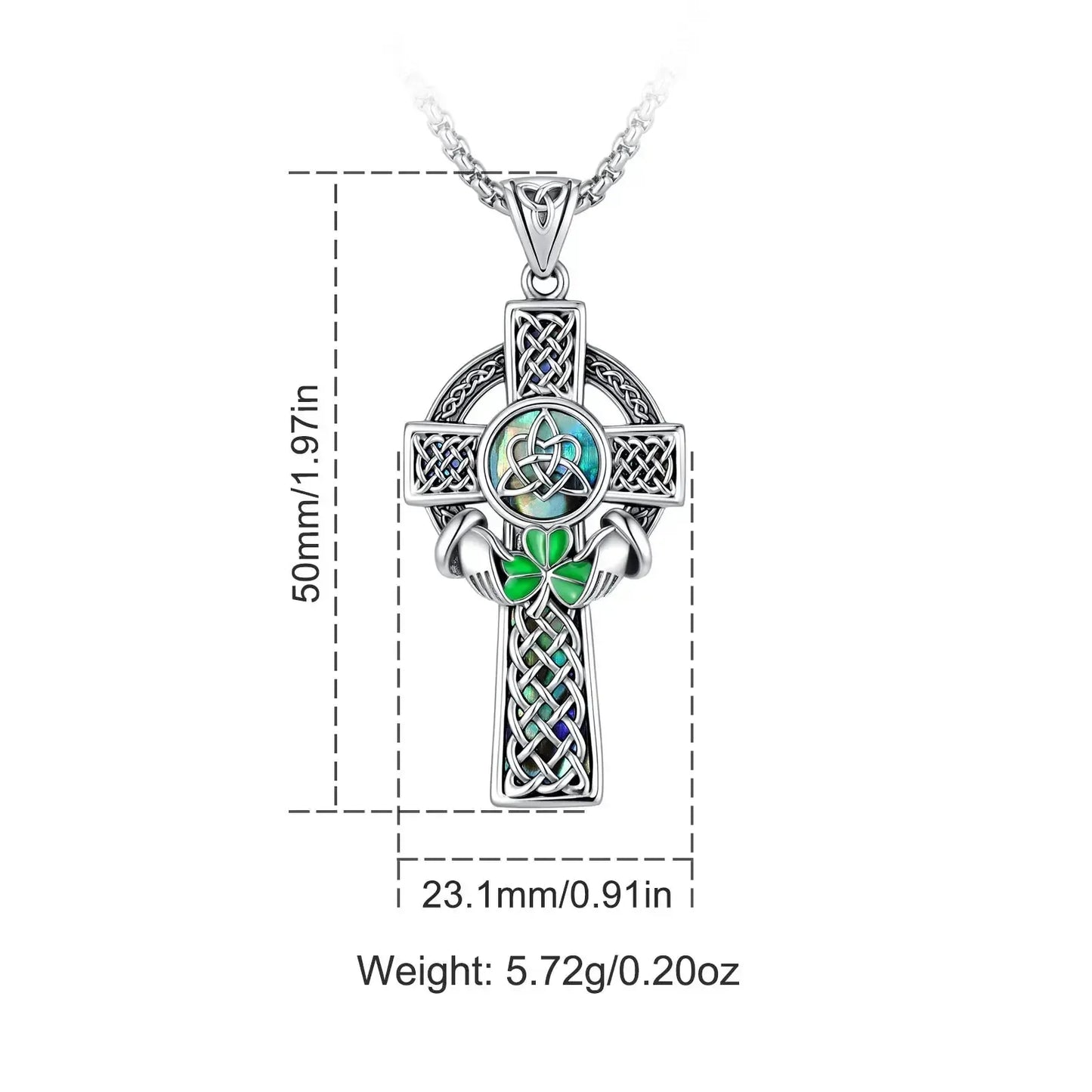 Celtic Cross Abalone Shell Necklace Triquetra Claddagh Pendant-MoonChildWorld