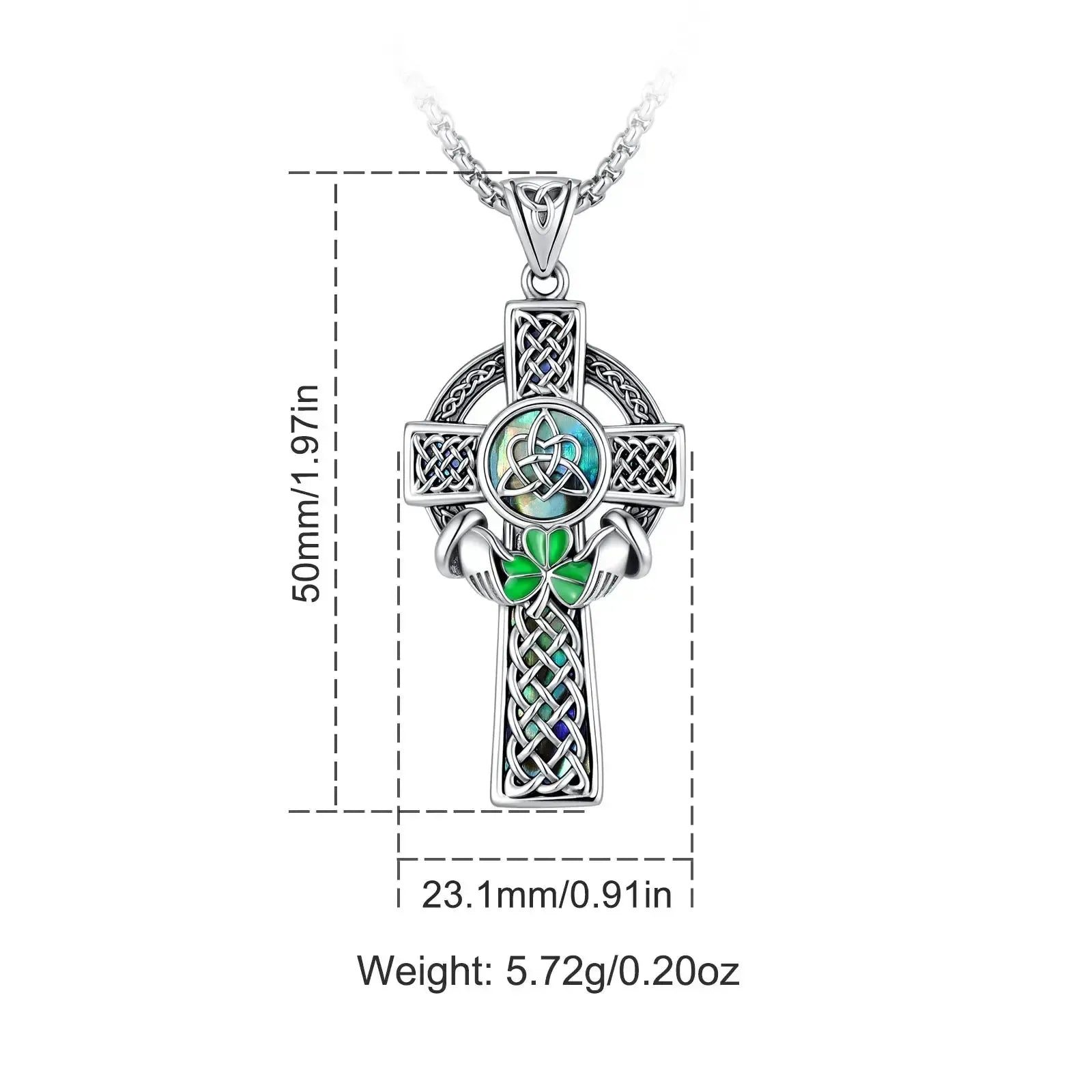 Celtic Cross Abalone Shell Necklace Triquetra Claddagh Pendant-MoonChildWorld