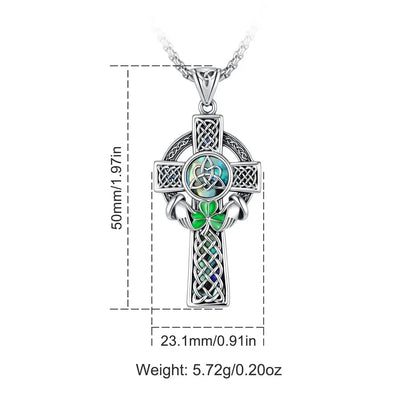 Celtic Cross Abalone Shell Necklace Triquetra Claddagh Pendant-MoonChildWorld