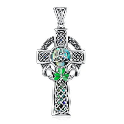Celtic Cross Abalone Shell Necklace Triquetra Claddagh Pendant-MoonChildWorld